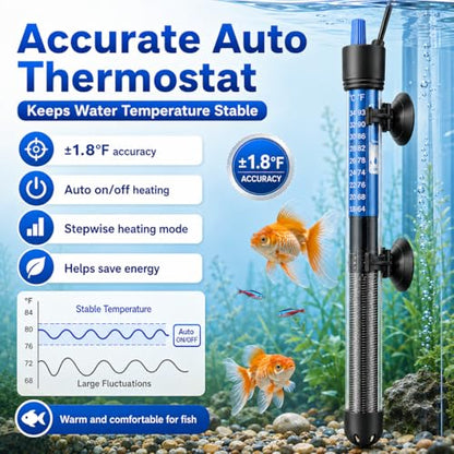 Mylivell Fish Tank Aquarium Heater - Adjustable Submersible 200W Aquarium Heater with Thermostat for 40-65 Gallon Betta, Turtle, Saltwater and Freshwater Tanks