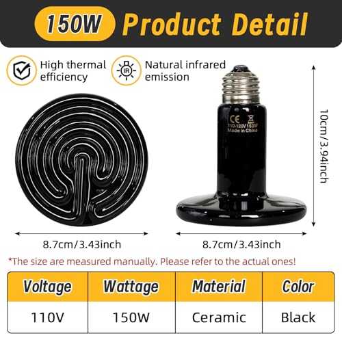 150W Ceramic Heat Lamp,Reptile Heat emitter E26 No Light Night Heat Bulb for Turtle, Tank,Lizard, Snake, Amphibians, Pet Brooder Coop Chicken