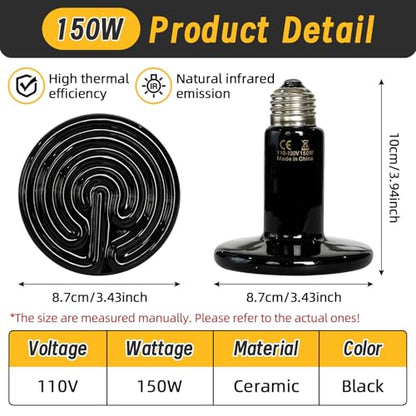 150W Ceramic Heat Lamp,Reptile Heat emitter E26 No Light Night Heat Bulb for Turtle, Tank,Lizard, Snake, Amphibians, Pet Brooder Coop Chicken