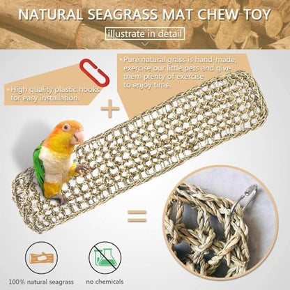 Bird Seagrass Mat 30 x 7 Inch Parrot Natural Seagrass Woven Net Hammock Parakeet Climbing Rope Ladder Mat Chew Toys Cage Accessories for Pigeon Macaw Cockatiel Conure Cockatoo Rat Bearded Dragon - size: 30" × 7"
