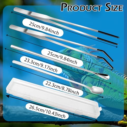 4-Piece Stainless Steel Reptile Feeding Tongs & Spoons Set – Curved/Straight Tweezers,Spoons, Rubber Tips for Bearded Dragons,Aquarium/Terrarium Safe Feeding Tools