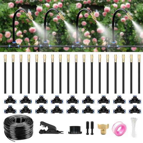 60FT Drip Irrigation System for Garden – Automatic Watering Kit with Solid Brass Metal Connectors, 360° Bendable Tubing &16 Adjustable Nozzles for Greenhouse, Lawn, Yard & Plants - size: 60 FT