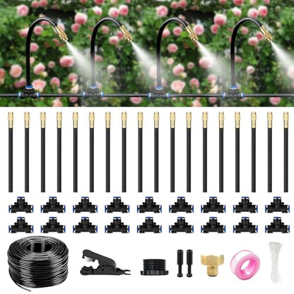 60FT Drip Irrigation System for Garden – Automatic Watering Kit with Solid Brass Metal Connectors, 360° Bendable Tubing &16 Adjustable Nozzles for Greenhouse, Lawn, Yard & Plants - size: 60 FT
