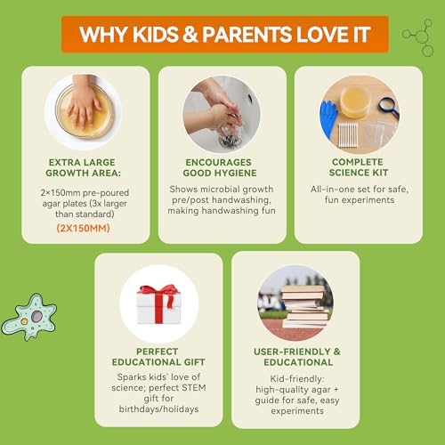Kids Bacteria Handprint Kit - 2 Giant 150mm Prepoured Agar Petri Dishes | Fun STEM science kit with 2 giant sterile agar plates, magnifying glass & swabs for kids' handprint experiments. - color: Kids Bacteria Handprint Kit