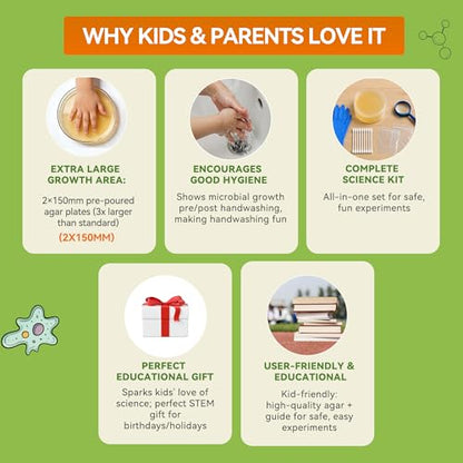 Kids Bacteria Handprint Kit - 2 Giant 150mm Prepoured Agar Petri Dishes | Fun STEM science kit with 2 giant sterile agar plates, magnifying glass & swabs for kids' handprint experiments. - color: Kids Bacteria Handprint Kit