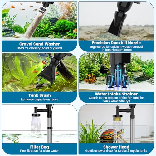 AQQA Aquarium Gravel Cleaner, 6-in-1 Electric Fish Tanks Gravel Vacuum | Anti-Clog Gravel Barrier, Sand Washer, Water Changer, Filter Bag, Adjustable Flow, 320GPH for 15+ Gallon Tanks