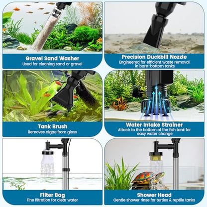 AQQA Aquarium Gravel Cleaner, 6-in-1 Electric Fish Tanks Gravel Vacuum | Anti-Clog Gravel Barrier, Sand Washer, Water Changer, Filter Bag, Adjustable Flow, 320GPH for 15+ Gallon Tanks