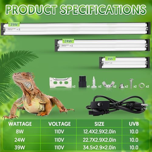 QZQ T5 UVB Reptile Light Fixture Combo Kit 24W, 10.0 UVB Light for Reptiles, Terrarium Hood Comes with Desert Reptile Lamp for Bearded Dragon, Gecko, Tortoise, Lizard - size: 24W-10.0-22.7IN