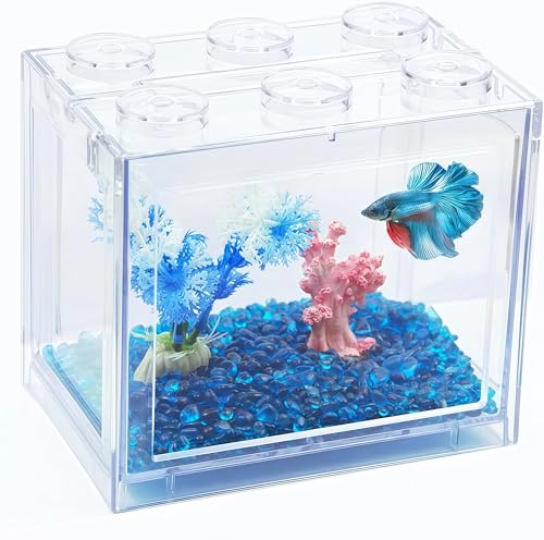 Small Betta Fish Tank, Stackable Mini Fish Tank Aquarium Tank Kit, 3/5 Gallon Rectangular Fish Bowl with Aquarium Gravel Decoration, Tiny Cube Tank for Seaweed Balls Sea Monkeys - color: Transparent
