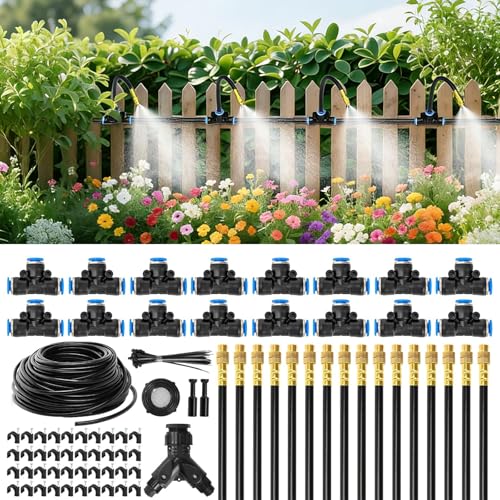 100Ft 1/4” Drip Irrigation System – Drip Irrigation Kit & Garden Watering Kit with 16 Pcs 360° Adjustable Copper Nozzles, Automatic Mist Spray for Raised Bed, Lawn, Garden & Potted Plants
