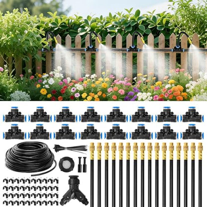 100Ft 1/4” Drip Irrigation System – Drip Irrigation Kit & Garden Watering Kit with 16 Pcs 360° Adjustable Copper Nozzles, Automatic Mist Spray for Raised Bed, Lawn, Garden & Potted Plants