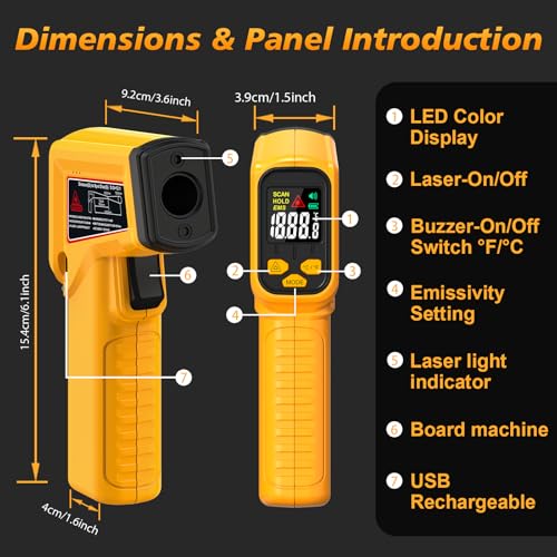FKM Rechargeable Infrared Thermometer Gun,13-Point Laser-High Precision | -58°F~1472°F Non-Contact Laser Thermometer Gun,Digital IR Temperature Gun for Cooking,Griddle,Oven,HVAC,Automotive,Industrial - color: Amber
