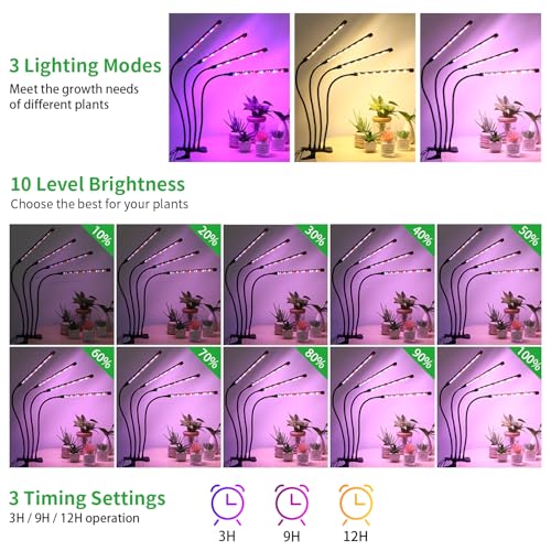 4 Head LED Plant Grow Light, Full Spectrum Clip on Plant Growing Light with Red, Blue, Yellow Beads, 10 Brightness Levels, 3 Light Modes, 3/9/12H Auto Timer,Suitable for Indoor Plants - size: Red+Blue+Yellow-4Head 1Pack