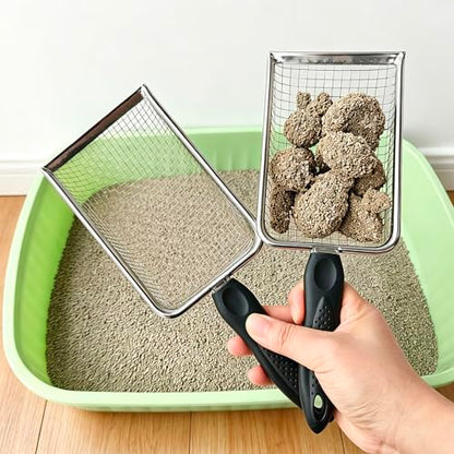 2 Pack Cat Litter Scoop with 3.8mm & 5mm Mesh – Stainless Steel Kitten Litter Scoop with 2 Adhesive Hooks, Metal Cat Poop Scooper for All Litter Types, Efficient Sifting & Easy Cleaning for Litter Box