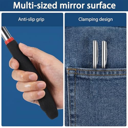 3 Pcs Stainless Steel Extendable Mechanic Mirror, Telescoping Inspection Mirror with Rotating Head, Round Mirrors on a Stick, Mechanical Mirrors Tool with Long Handle and Clip-On Design for Mechanics