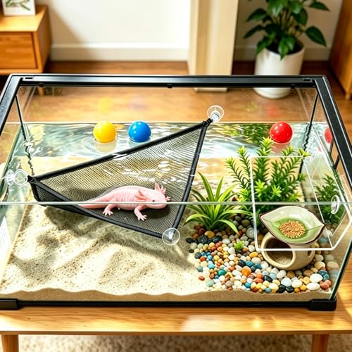 3 in 1 Axolotl Habitat Enrichment Set, Resting Feeding Holder | Mesh Hammock, Clear Platform with Suction Cup, Ceramic Dish, Floating Toy Balls, Axolotl Tank Decor Accessories