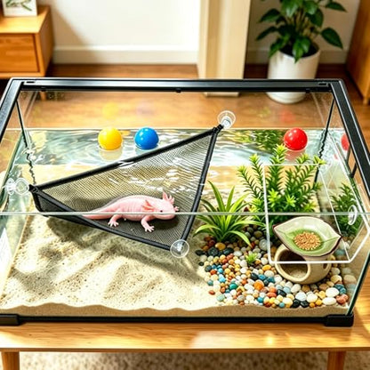 3 in 1 Axolotl Habitat Enrichment Set, Resting Feeding Holder | Mesh Hammock, Clear Platform with Suction Cup, Ceramic Dish, Floating Toy Balls, Axolotl Tank Decor Accessories