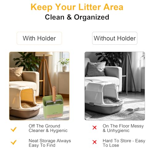 Cat Litter Scoop with Holder, Heavy Duty Stainless Steel Kitty Scooper | with Coarse and Fine Mesh, Includes Broom and Dustpan Set, Quick Sift and Easy Clean, Green - color: Green