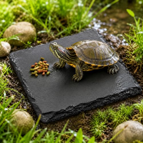 Turtle Basking Platform, Slate Rock for Reptiles | 4×4inch Square Tortoise Basking Platform for Bathing Resting Feeding Habitat Accessories