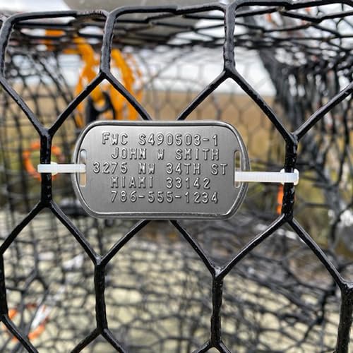 Personalized FWC Crab Trap Tags - Five Serialized Rust Proof ID Tags