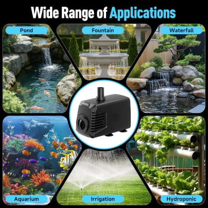 200GPH Submersible Water Pump, Water Fountain (700L/H, 12W) with 5.9FT High Lift Adjustable & 3 Nozzles & 9.8FT Cord, Ultra Quiet Aquarium Pump for Pond Fountain Waterfall Hydroponics-Q102 - size: 200GPH