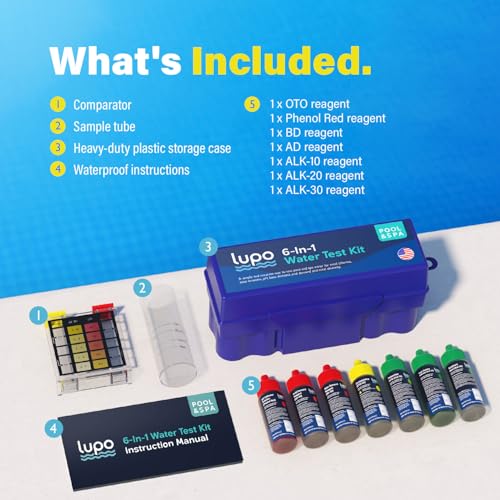 Lupo 6-in-1 Pool Test Kit | Pool Testing Kit for Residential Swimming Pools & Spas for Testing Total Chlorine, Total Bromine, pH, Base Demand, Acid Demand & Total Alkalinity Quick & Accurate Testing - size: 6-in-1 Complete Test Kit
