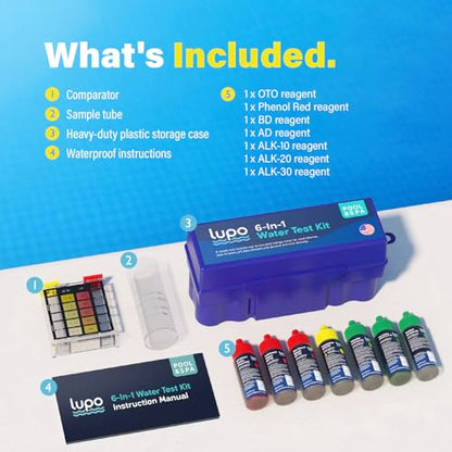 Lupo 6-in-1 Pool Test Kit | Pool Testing Kit for Residential Swimming Pools & Spas for Testing Total Chlorine, Total Bromine, pH, Base Demand, Acid Demand & Total Alkalinity Quick & Accurate Testing - size: 6-in-1 Complete Test Kit