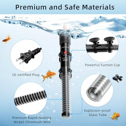 HiTauing Aquarium Heater 25W/50W/100W/200W/300W, Adjustable Knob Fish Tank Heater with Digital Thermometer, Submersible Betta/Turtle Tank Heater for Freshwater and Saltwater Tanks - size: 100W for 10-30 gallon