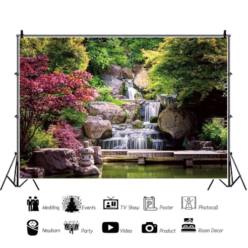 7x5ft Nature Waterfall Backdrop Kyoto Garden Travel Scenery Photography Background Japan Garden Landscape Waterfall Red Maple Trees Nature View Room Decoration Supplies Travel Theme Photo Props - size: 7x5ft
