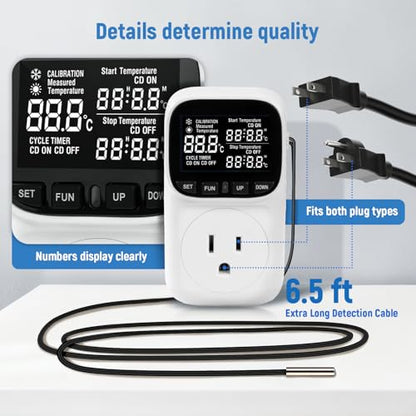 Digital Temperature Controller, Thermostat Outlet with LCD Display | 15A/1800W, Heating & Cooling Mode, -40℉~210℉, 4 Timing Modes, For Greenhouse Incubator Homebrew Reptile Tank