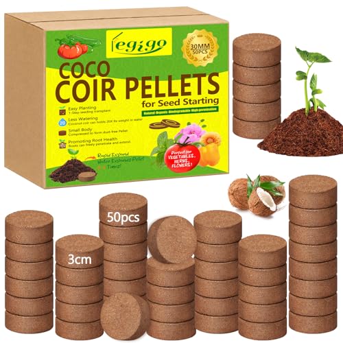 50 Pcs 30mm Coco Coir Pellets Seed Starter Soil Mix- Organic Coconut Coir Potting Soil Pods for Seedling, Coco Peat Soil Discs for Indoor & Outdoor Plants Bonsai Herbs Vegetables and Flowers - size: 30mm