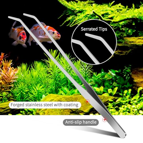 2pc-10.6"Aquarium Tweezers,Stainless Steel Straight and Curved Tweezers Set,Long Handle Reptile Feeding Tongs for Lizards, Bearded Dragon Snake Tank Accessories (Silver) - color: Silver