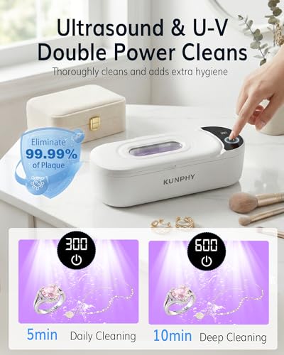 48kHz Ultrasonic Jewelry Cleaner, Ultrasonic Cleaner | 2026 Upgraded Design, 400ml Tank, 2 Digital Timers, Touch Operation, for Eyeglasses Watches Silver Gold Diamond Rings - color: Cool White