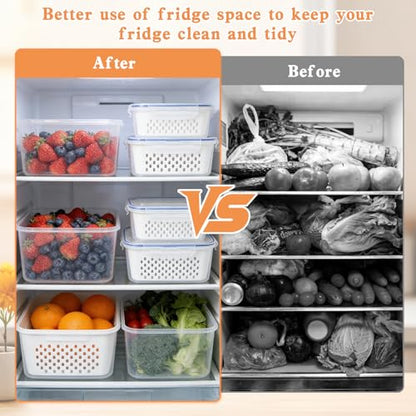 Fruit Storage Containers for Fridge, 4 in 1 Food Storage Container, Produce Storage Containers with Lid and Strainer, Including Drain Basket, Multipurpose Large Fruit Containers for Fridge-3PCS White