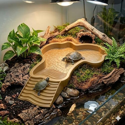 Large Turtle Water Bowl, Reptile Bathing Pool Tortoise Water Dish Bearded | Dragon Water Fountain Non-Slip Reptile Food Dish for Tortoise Gecko Lizard Snake Terrarium Habitat (Brown) - color: Brown