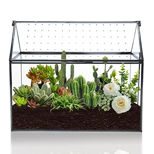 Geometric Glass Terrarium with Acrylic Lid, House Shape Black Terrarium with Breathing Holes for Snails, Succulent, Cacti, Air Plants, 10.3x8.3x5.9 inch (Terrarium Only)
