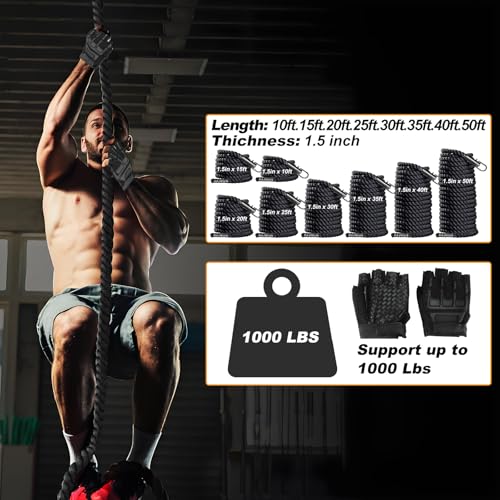 Climbing Rope Gym Workout - 1.5 Inch Dia 10FT 15FT 20FT 25FT 30FT 35FT 40FT 50FT Heavy Duty Work Out Rope Exercise Climbing Ropes for Adults Kids Fitness & Strength Training Outdoor & Indoor - Black - style: 1.5 Inch-50ft