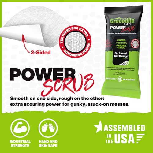 Crocodile Cloth PowerSCRUB Heavy-Duty Hand & Tool Cleaning Wipes, 10 Count | Dual-Surface Cloths, Moist, Absorbent, & Disposable - Safe on Skin & Multiple Surfaces - size: 10 Count (Pack of 1)