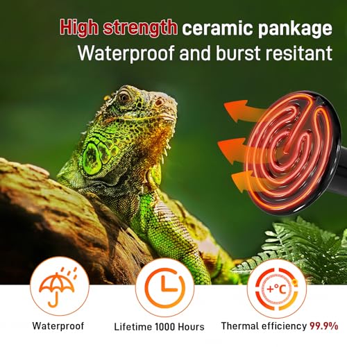 Ceramic Heat Emitter, 200W Reptile Heat Bulb 2-Pack, No Light Infrared Heating Lamp for Bearded Dragon, Snake, Lizard, Tortoise, Chicken Coop & Amphibian (E26 Base, Black)