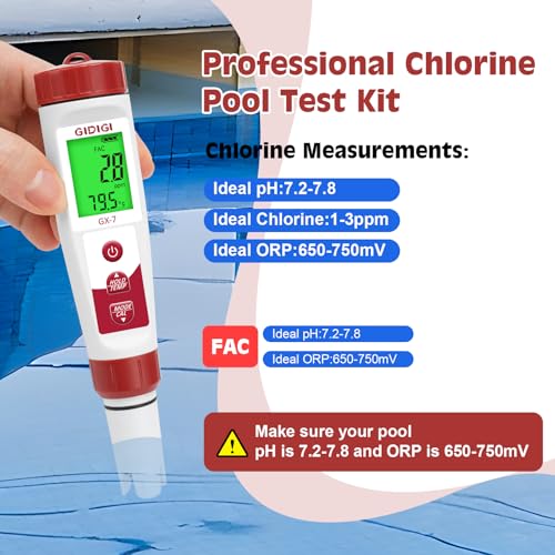 pH Meter Chlorine Tester Digital 7 in 1 Pool Water Tester Kit | Salinity Tester for Saltwater Aquarium, ORP Meter for Hydroponics Drinking Water, Pool Water Tester,pH Chlorine for Pool Spa