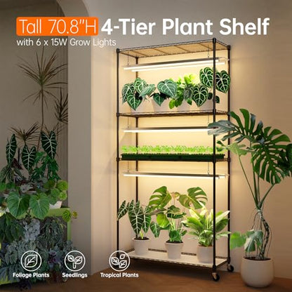 4-Tier Plant Shelf with Grow Light, 35.4x13.8x70.8in | Grow Light Shelf, Indoor Plant Stand, 6-Pack Full Spectrum LED Plant Lights, Timer, 90W Total, Ideal for Seed Starting