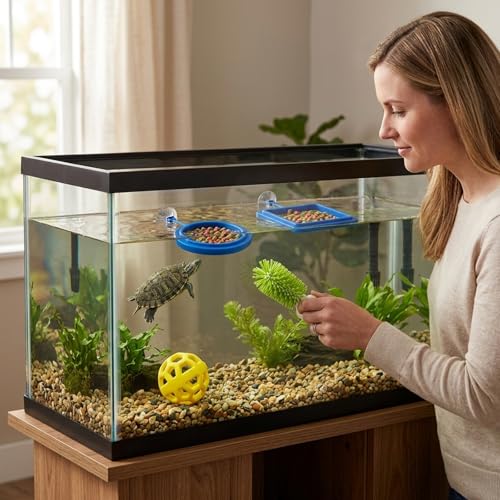 Turtle Tank Accessories 4-Piece Set, Turtle Tank Decor and Turtle Brush for Daily Feeding and Shell Cleaning