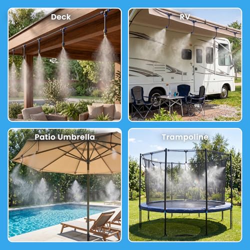 Adjustable Misting System, 360° Flexible Brass Nozzles, 65FT | Pre-assembled Mister Hose for Patio Cooling, Garden Irrigation, Greenhouse Watering, Pet Chicken Coop Cooling - size: 65FT / 20M