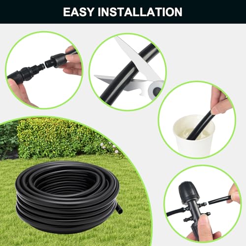 50FT 1/2 Inch Drip Irrigation Tubing Main Line Hose Tube, Drip Line Irrigation System Includes 2pcs 6-Way Connector & 1/2" Straight Connector & 3/4" to 1/2" Faucet Adapter for Garden Watering - color: Black-50FT
