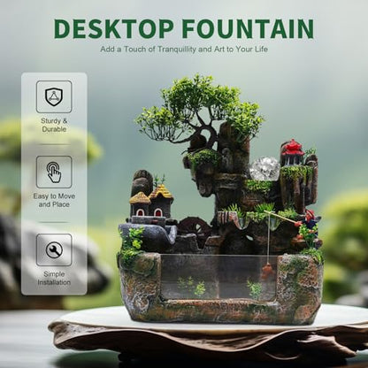 Waterfall Fountain, Desktop Fish Tank Fountain with Atomizer, Fisherman and Colorful LED Lights, for Living Room, Bedroom, Yoga Room, Office, Study, Meditation Room - size: D
