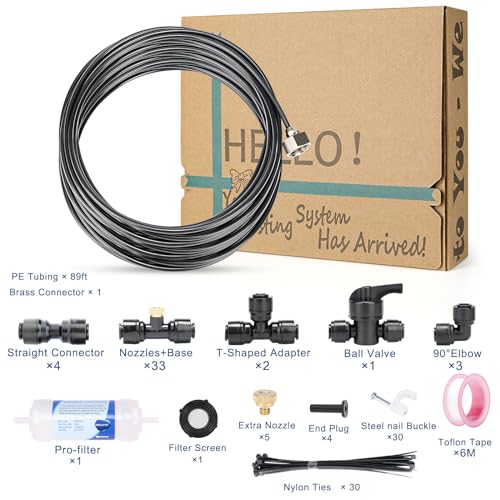 Misters for Outside Patio, 59ft Misting Line + Filter + 23 Brass Misting Nozzles +Brass Adapter(3/4") Misting System for Garden, Greenhouse, Trampoline and Chicken Coop