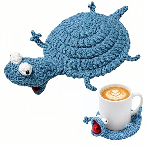 Crochet Lizard Coaster, Blue 3D Handmade Animal Cup Mat, Interactive Knit Mug Rug for Coffee Tea Desk Decor, Surface Protection, for Reptile Lovers