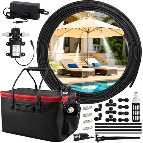 Misting System, Portable Misting System | with 20FT/6M Hose, 20L Water Bucket, Water Pump, Filter, Nozzles for Outside Patio Cooling, Canopy, Umbrella, Camping