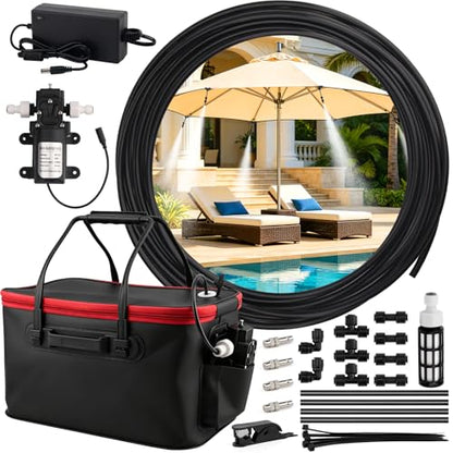 Misting System, Portable Misting System | with 20FT/6M Hose, 20L Water Bucket, Water Pump, Filter, Nozzles for Outside Patio Cooling, Canopy, Umbrella, Camping