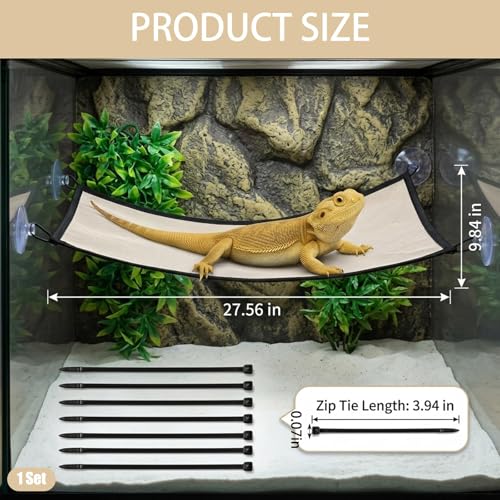 Bearded Dragon Hammock, Bearded Dragon Enrichment Large Tank Bed with Wall Climbing Design, Reptile Tank Decor Accessories for Bearded Dragons and Leopard Geckos (Rectangle, 28" x 10")
